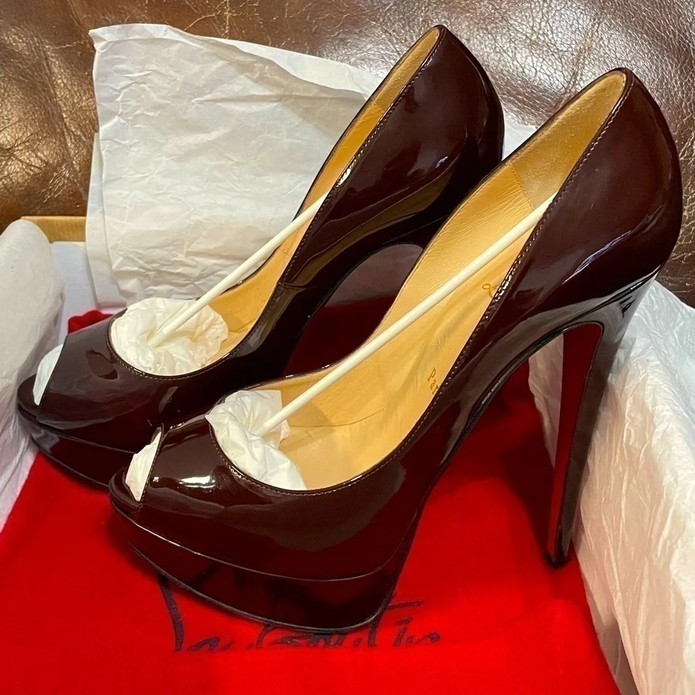 Christian Louboutin burgundy brown patent 150mm Lady Peep, peep toe pump…